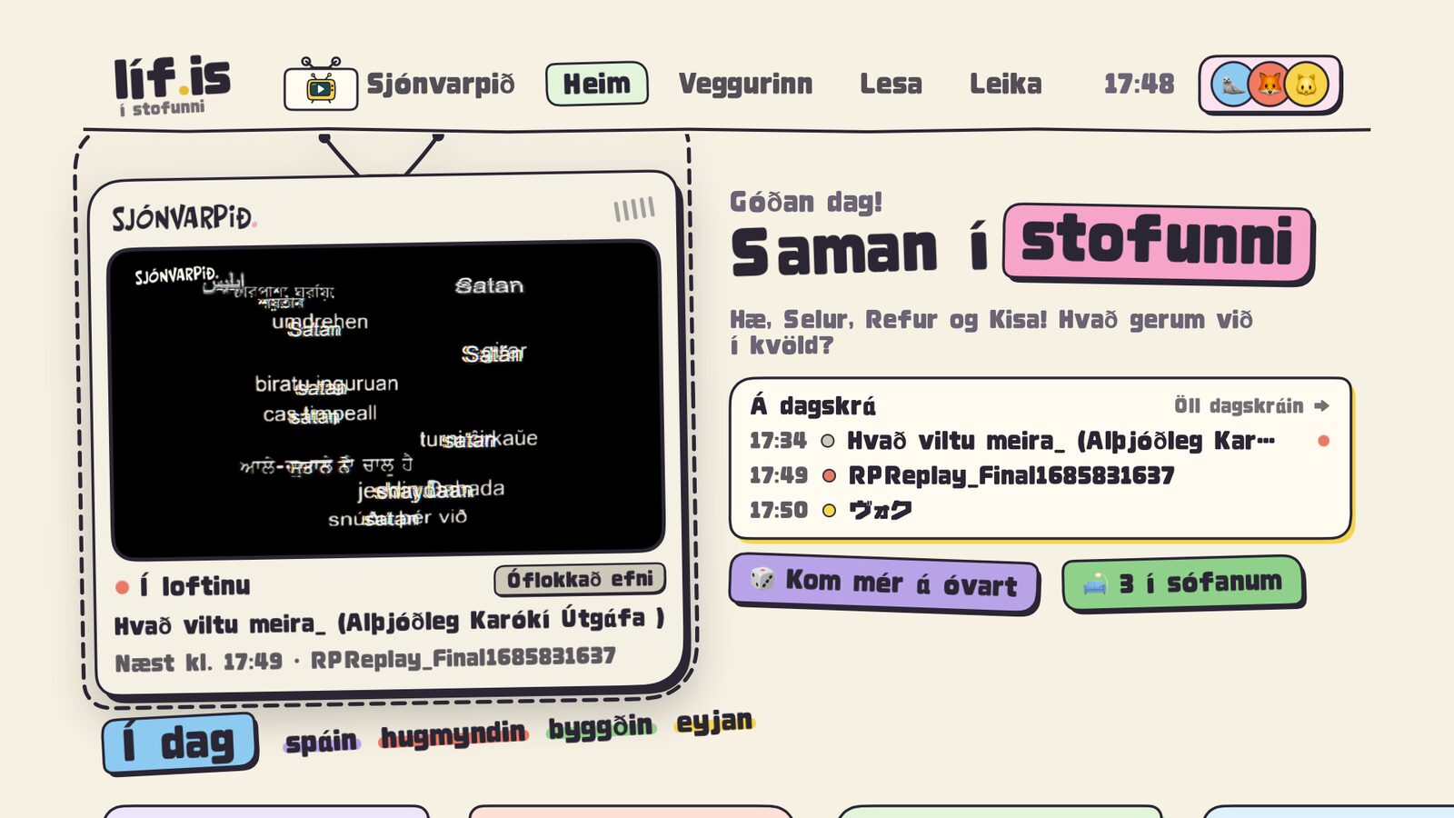 Heimaskjár appsins: Sjónvarpið í teiknuðu sjónvarpstæki og „Saman í stofunni“.