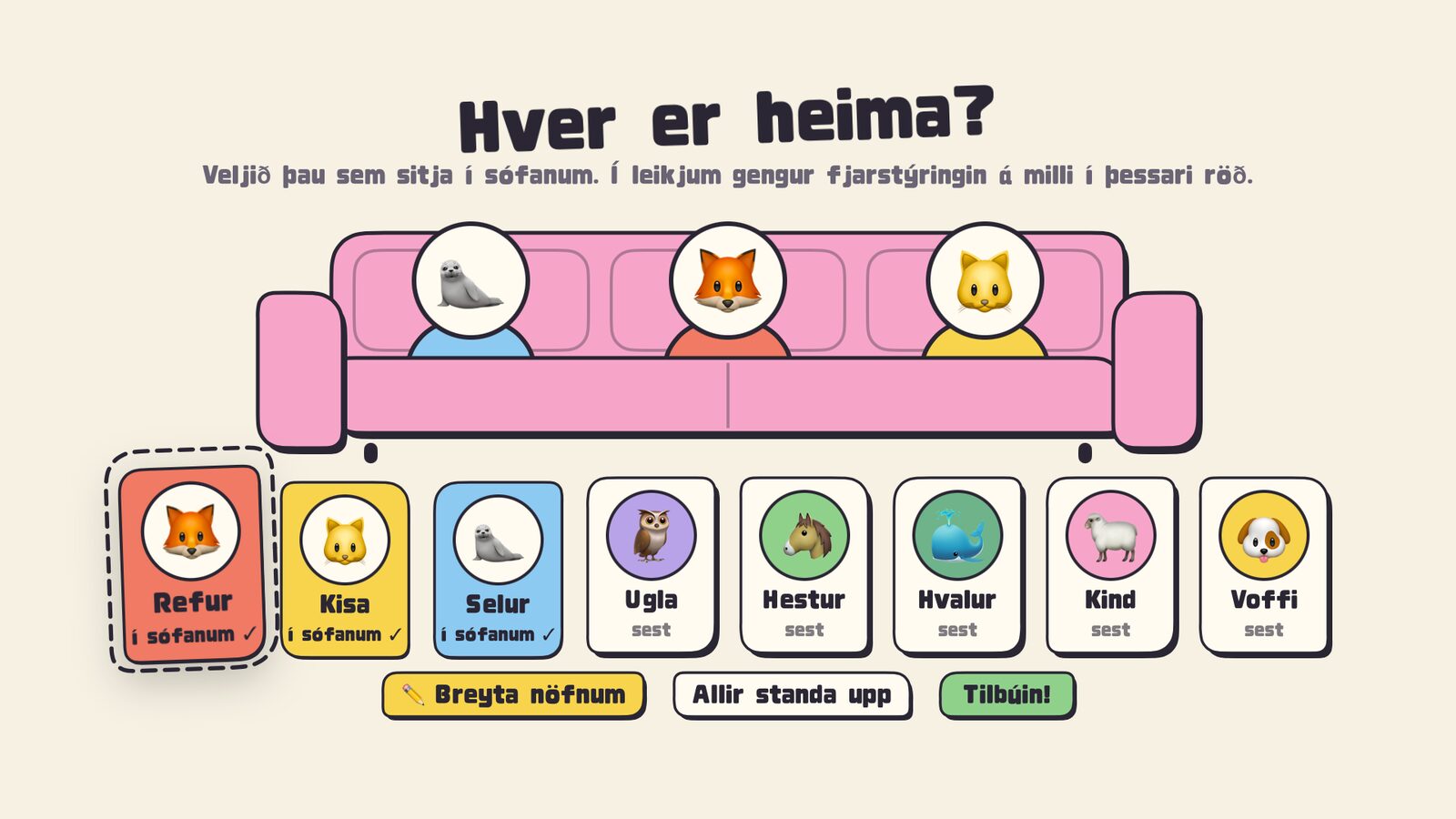 Teiknaður sófi með dýrunum sem sitja í honum.