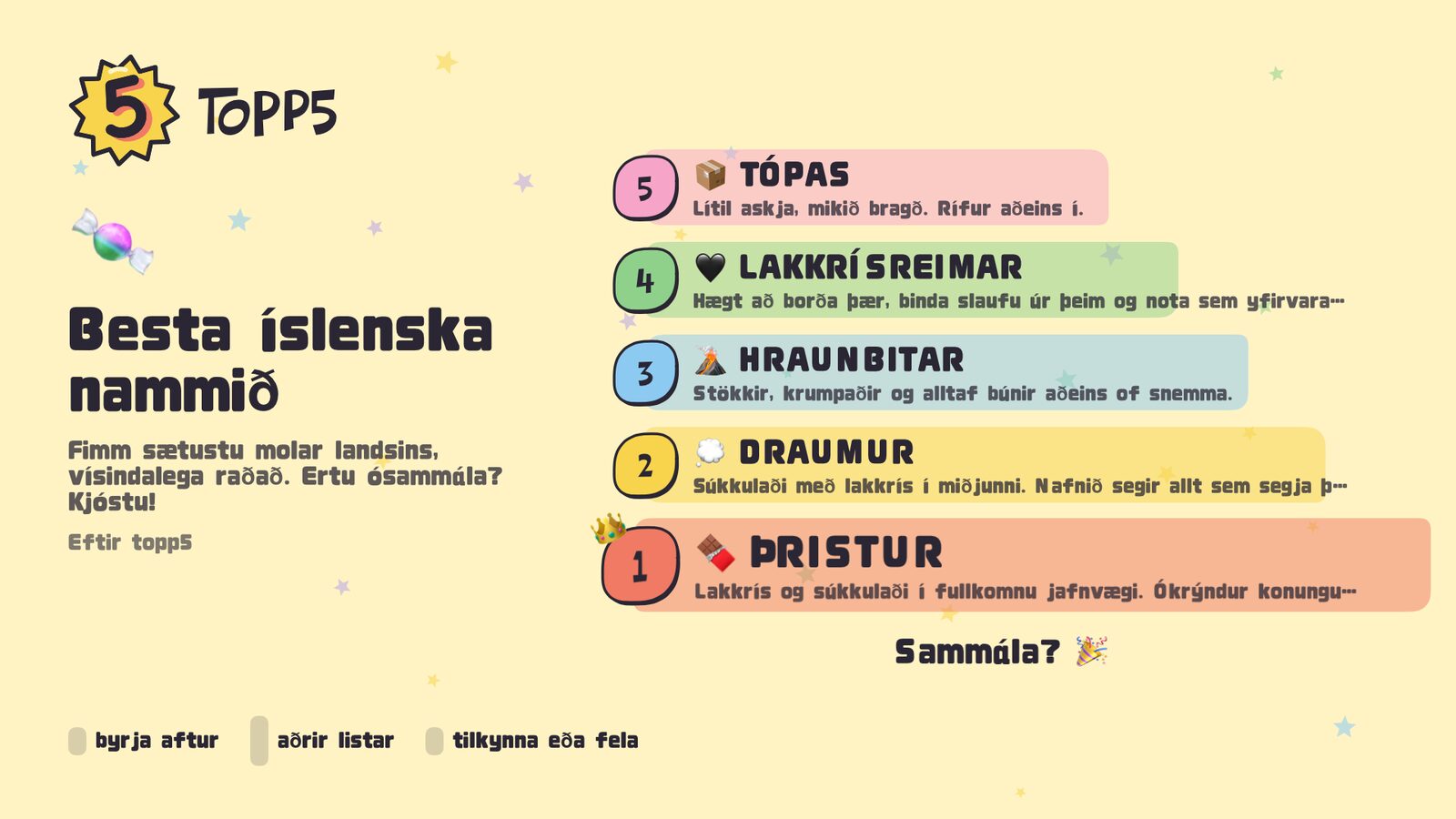 topp5-listi þar sem fyrsta sætið hefur verið afhjúpað.
